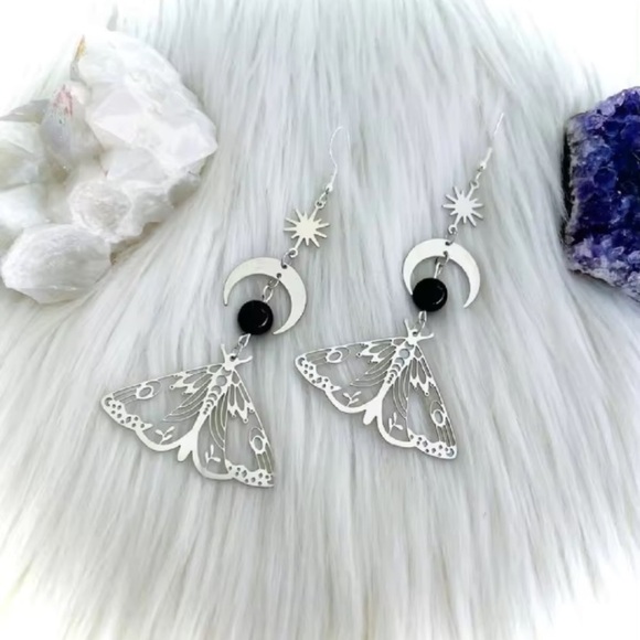 The Sun and The Moon Moth Boho Dangler Earrings - Picture 1 of 7